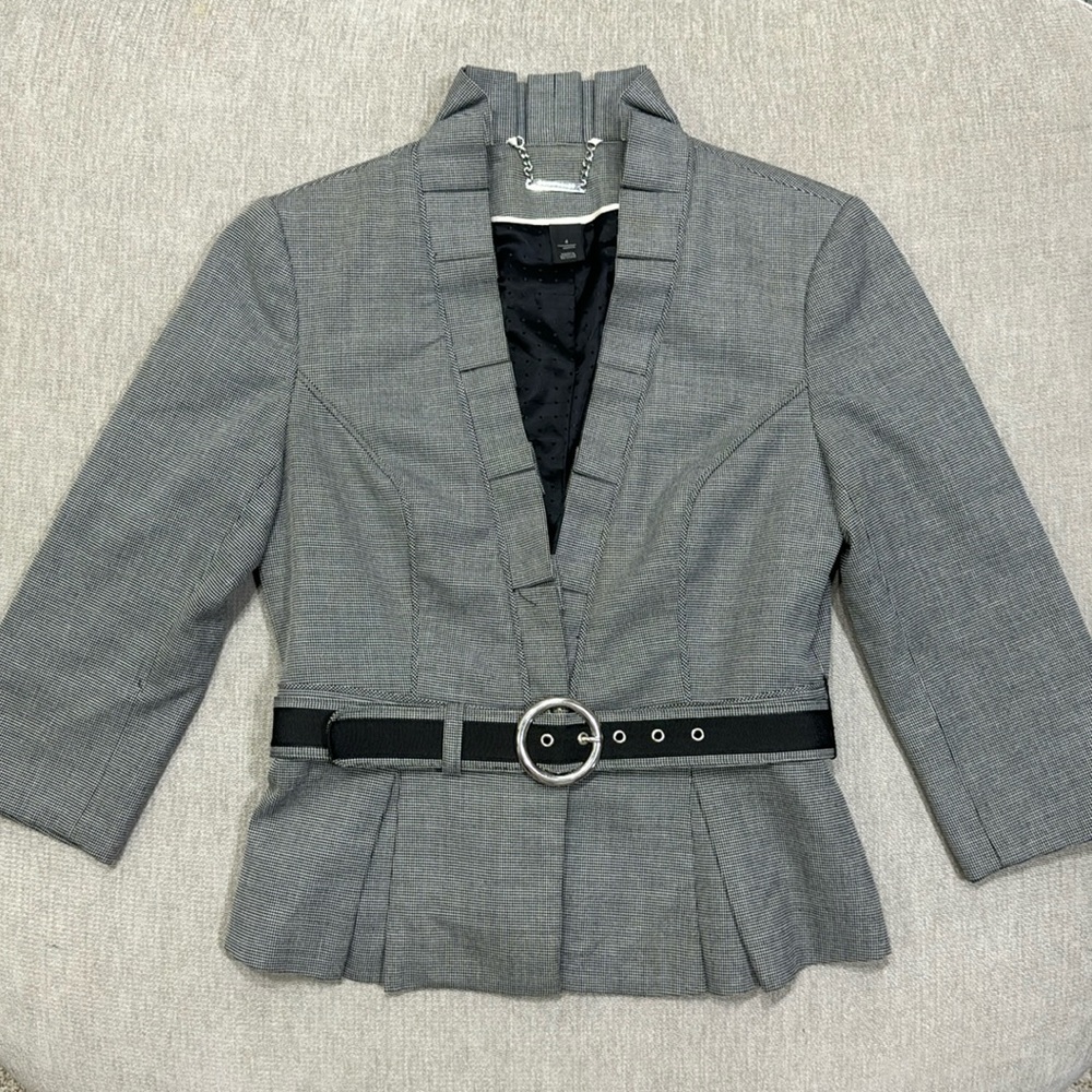 Grey Ruffle Belted Blazer